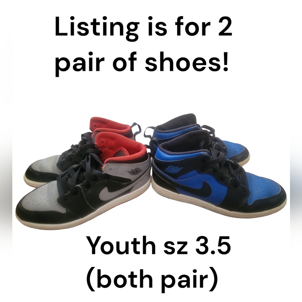 2 Pair NIKE Kids Air Jordan 1 Retro Mid Hyper Royal Blue, Black-Grey, Red SzY3.5